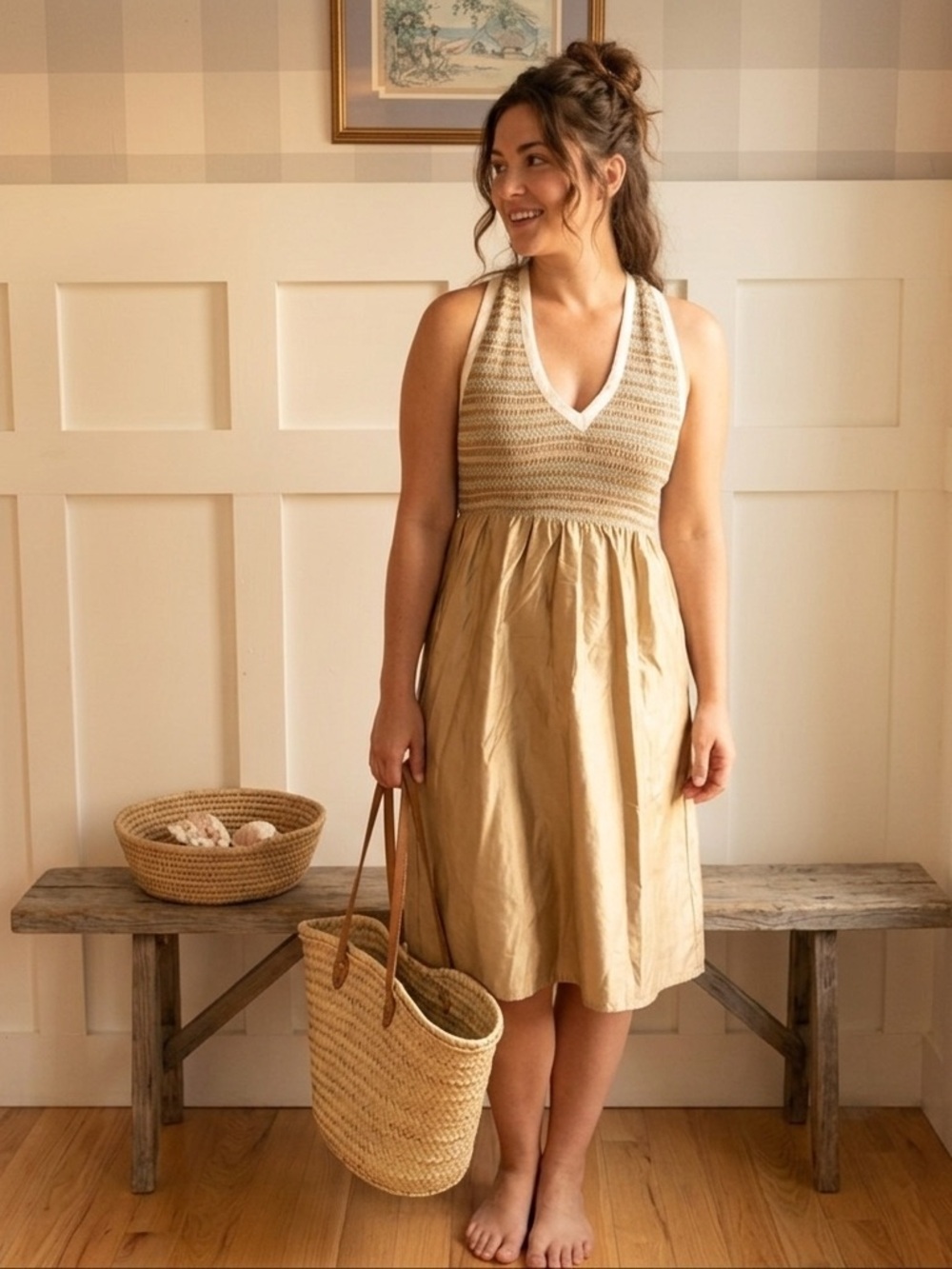 Vintage Cynthia Rowley Silk‎ Tan and White Halter Dress Size 0 Vintage Designer